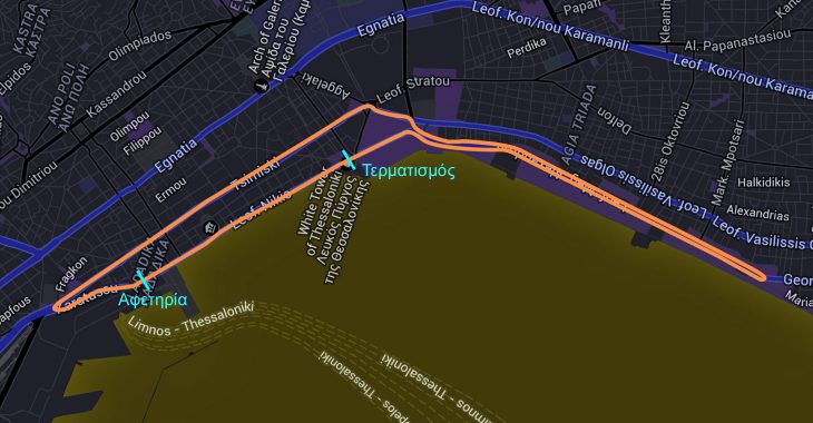 Χάρτης της διαδρομής του Νυχτερινού Ημιμαραθωνίου Θεσσαλονίκης 2016